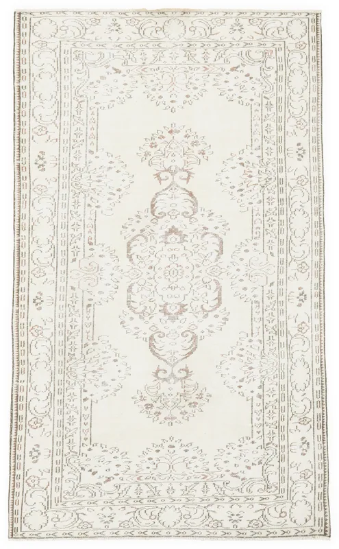 Full top view of the 5'6" x 9'4" ivory and rust vintage Anatolian rug on a white background.