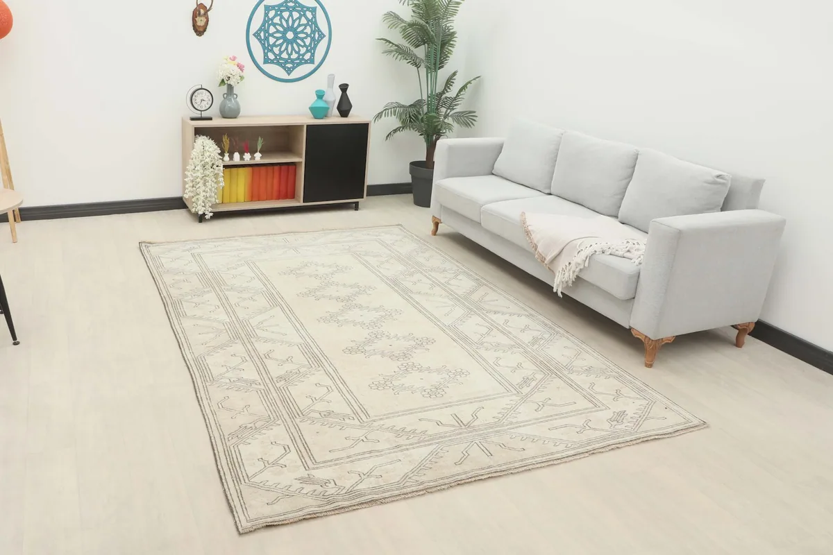The cream and gray vintage rug placed in a living room setting with a light gray sofa and modern decor.