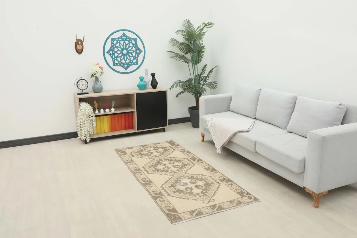 Beige and brown runner rug placed in a living room setting with a light gray sofa
