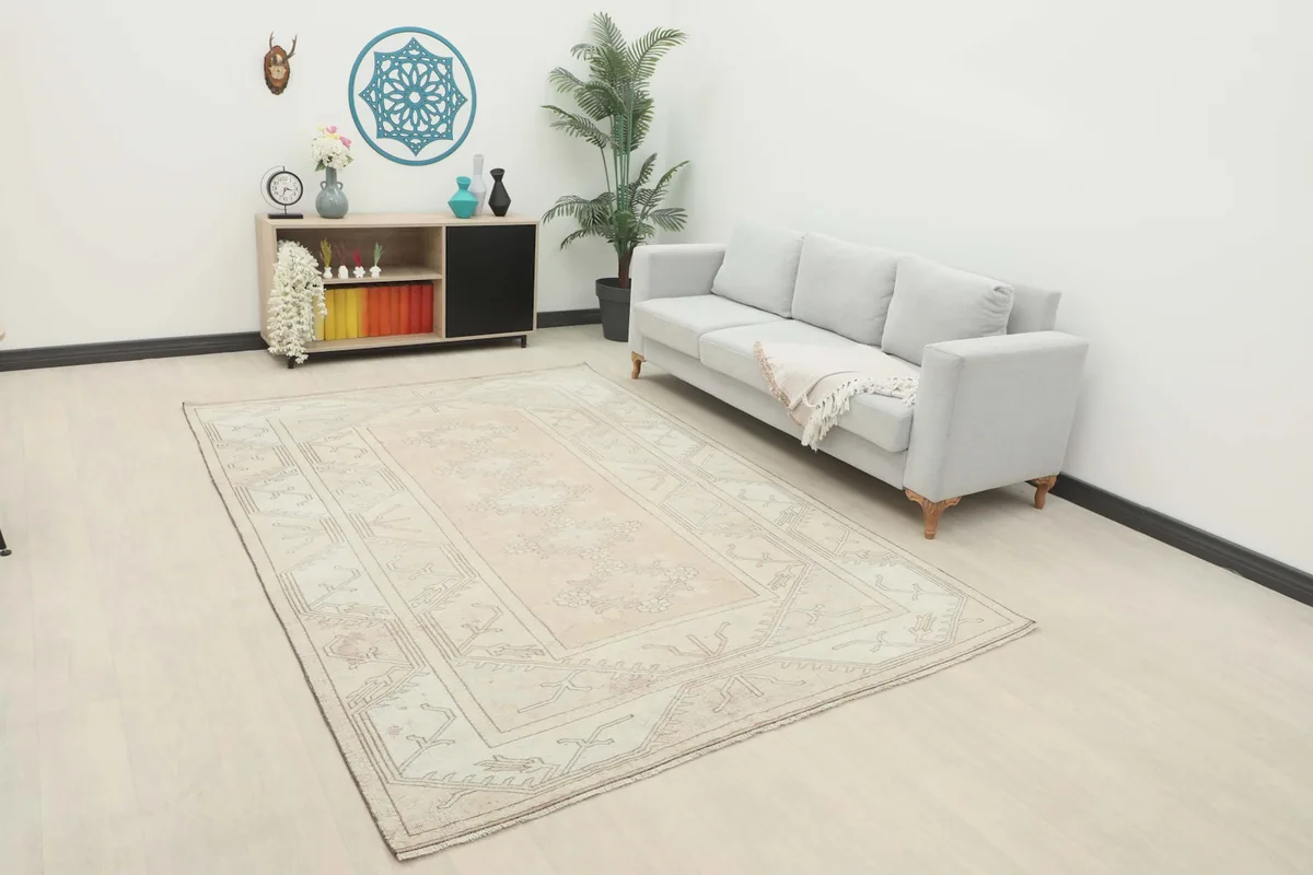 Vintage Anatolian rug displayed in a living room setting with a light gray sofa