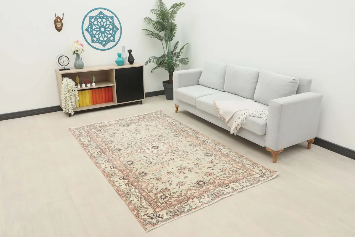 Vintage ivory and rose area rug placed in a modern living room setting with a light gray sofa.