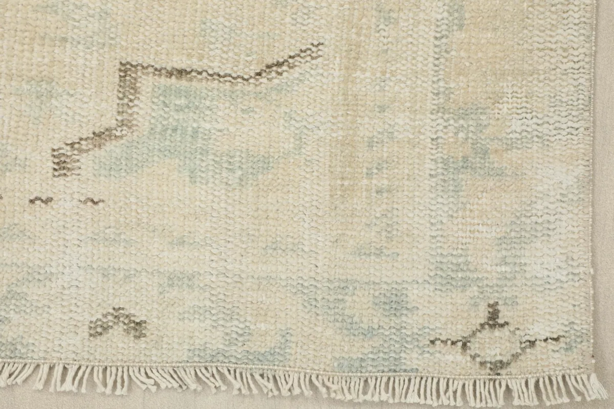 Close-up of the rug's short fringes and the distressed end border