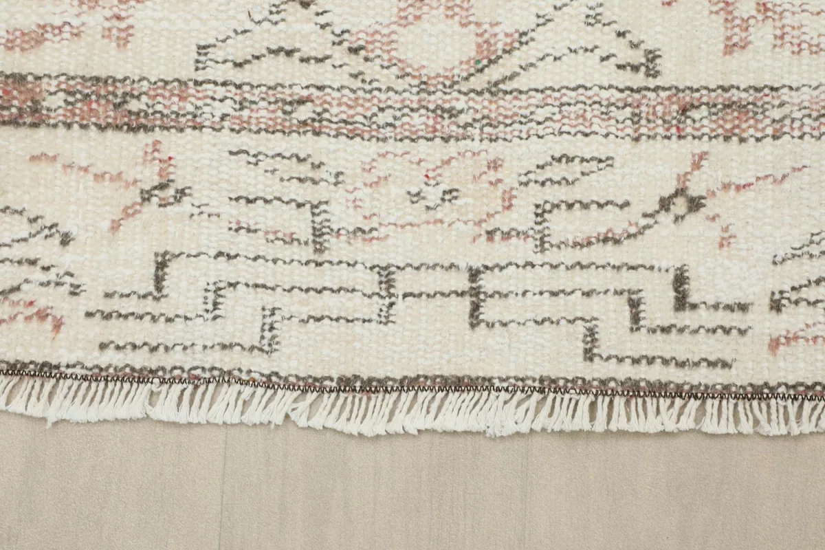 Detail of the rug's border showing geometric patterns and short fringe