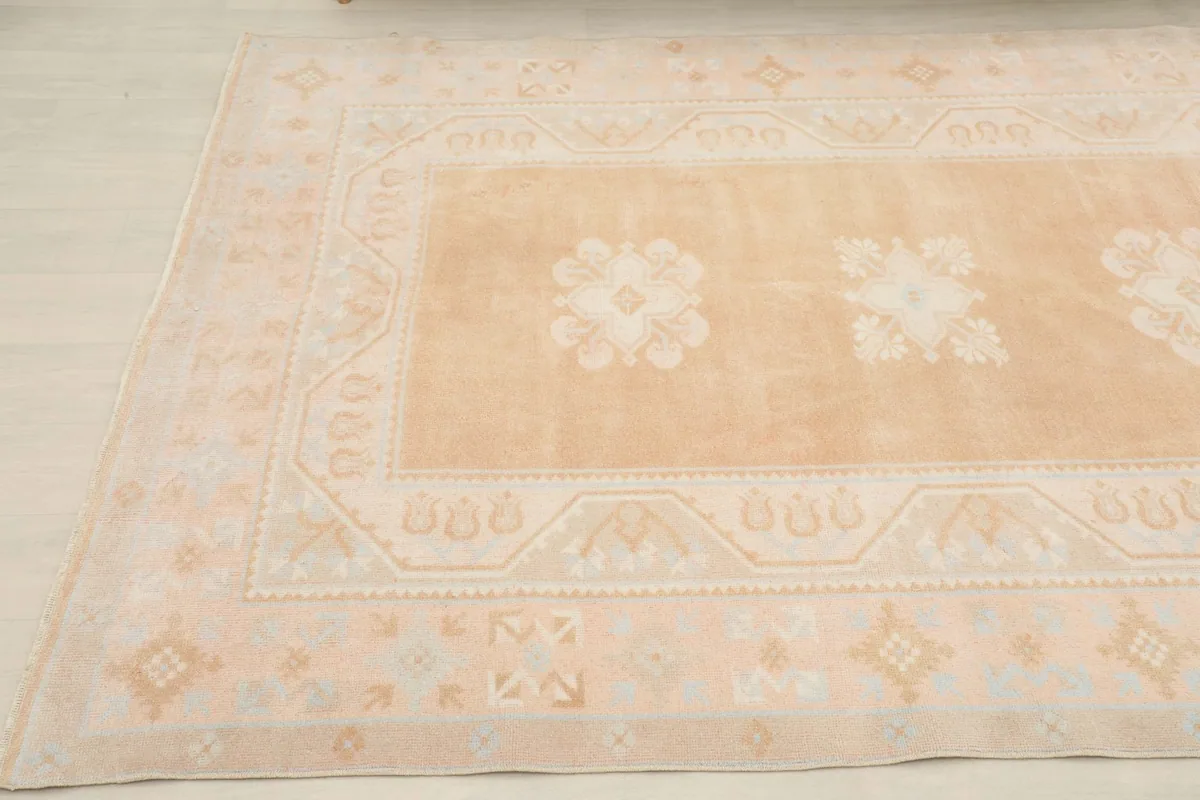 Another angled view of the beige rug, focusing on the field and border designs