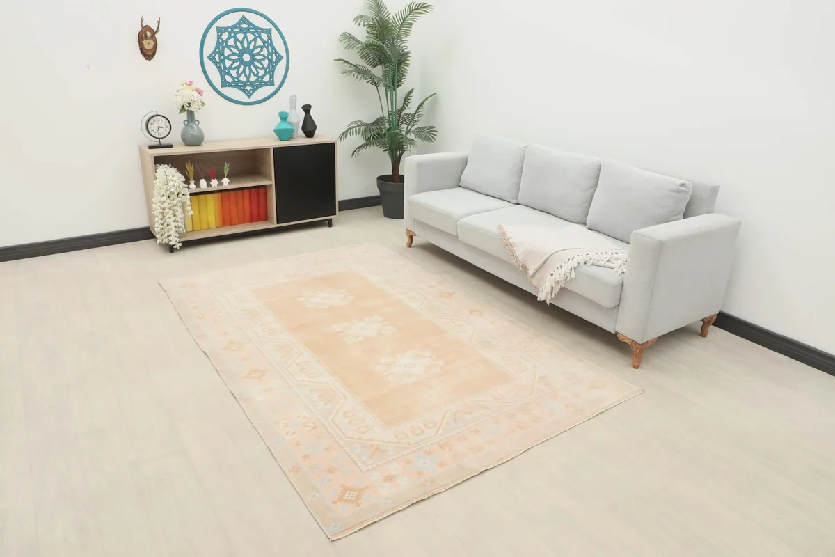 Beige floral geometric rug placed in a living room setting with a light gray sofa