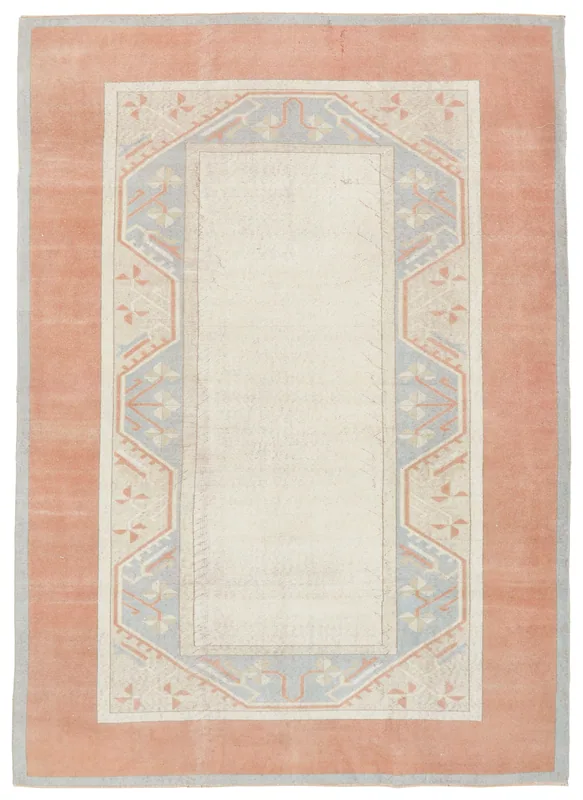 Full top view of the vintage rust and ivory geometric Anatolian area rug