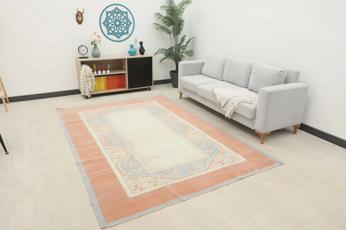 Area rug displayed in a living room setting with a light gray sofa and modern decor