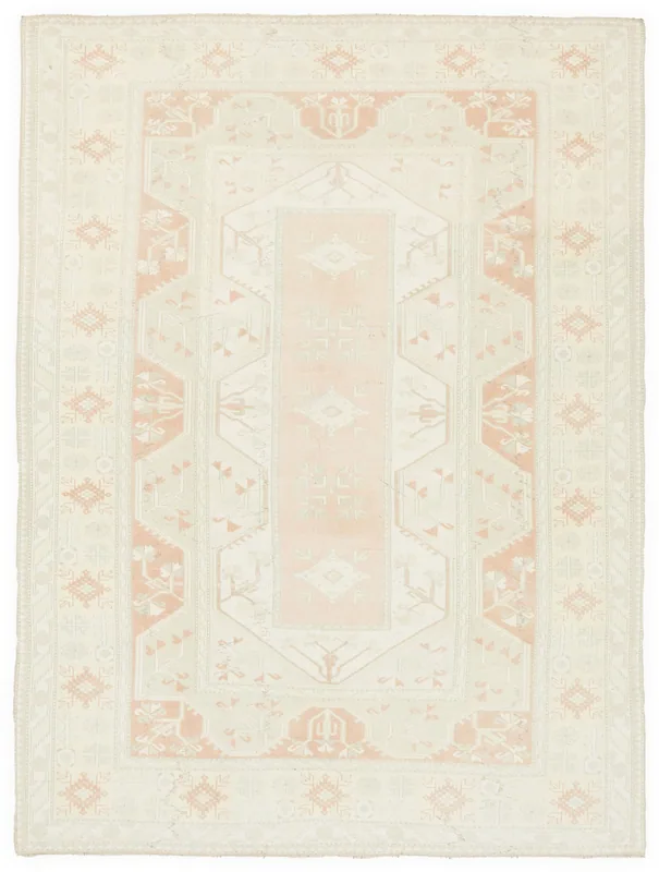 Full overhead view of the 7x10 ivory and orange vintage Anatolian rug
