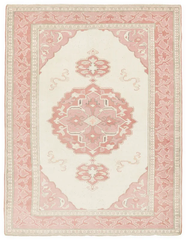 Full top view of the 5'8" x 7'7" rose and ivory Anatolian vintage rug on a white background.