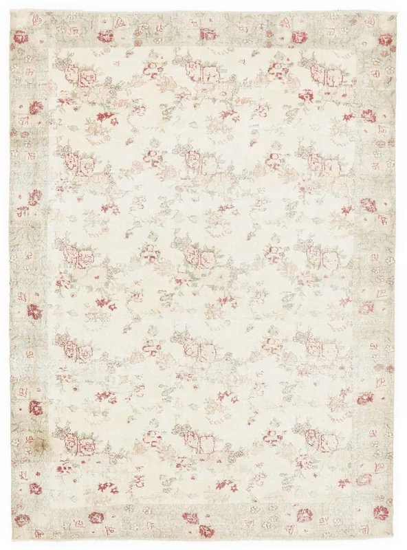 Full top view of the 6'5" x 9'8" vintage Anatolian rug with ivory field and rose floral pattern