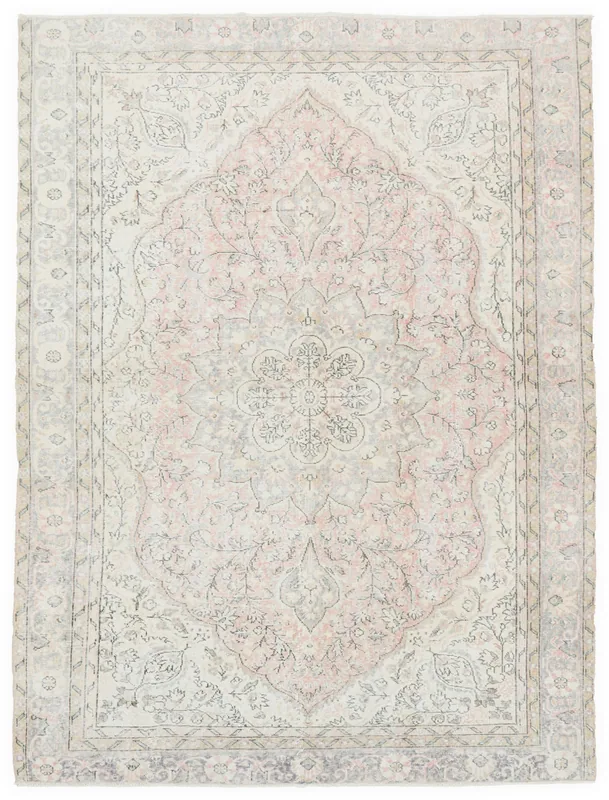Full top view of the vintage 6'8" x 9'9" Anatolian rug with rose medallion and ivory field.