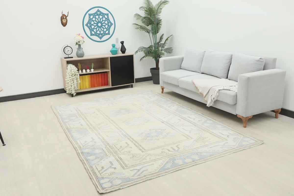 Ivory and blue vintage rug displayed in a bright living room setting