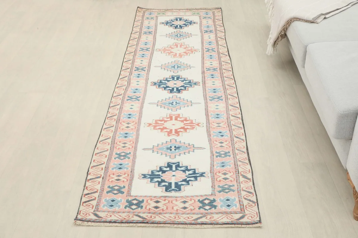 Full view of the runner rug in a room setting, positioned to show its entire length and design.