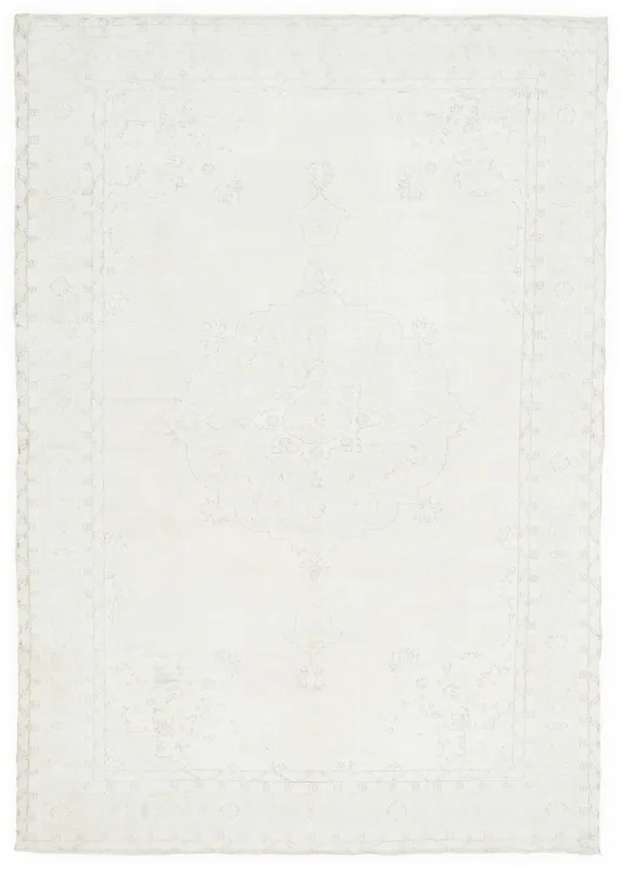Full top view of the 7'4" x 11'2" ivory vintage Anatolian area rug on a white background