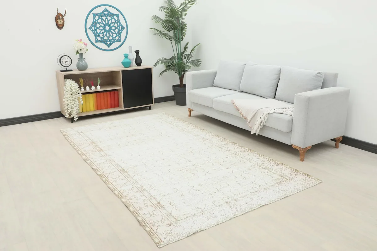 Ivory and beige area rug in a modern living room setting with a light gray sofa and wooden cabinet.