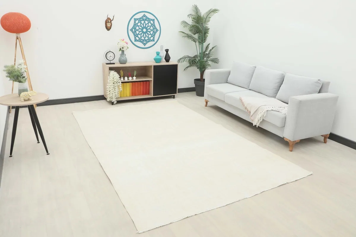 Cream vintage area rug displayed in a bright living room setting with a gray sofa and wooden cabinet.