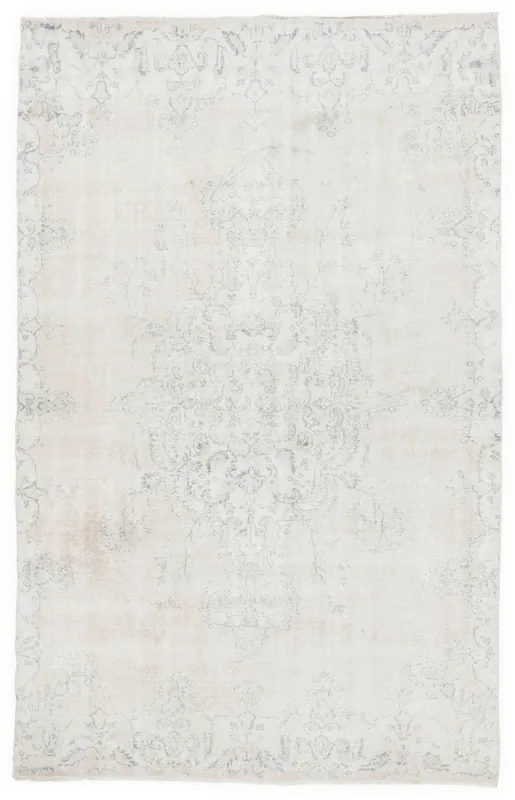 Full top view of the 6x10 cream and blue vintage Anatolian area rug on a white background