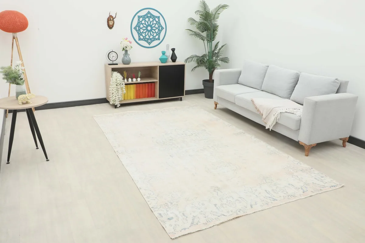 Cream and blue vintage area rug placed in a modern living room setting with a light gray sofa