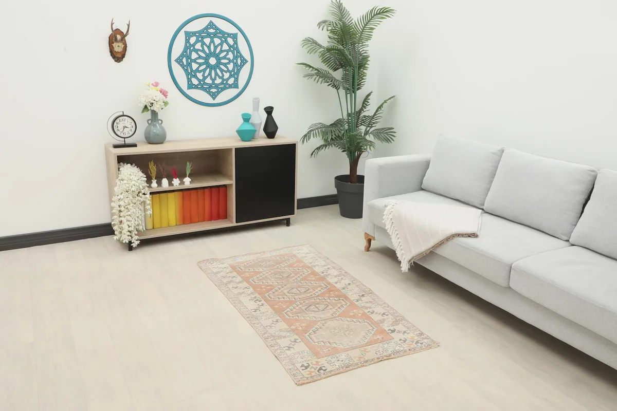 Vintage Anatolian rug in a modern living room setting with a light sofa