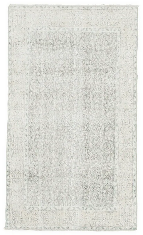 Full top view of the 3'7" x 6'5" gray and cream vintage Anatolian rug on a white background.
