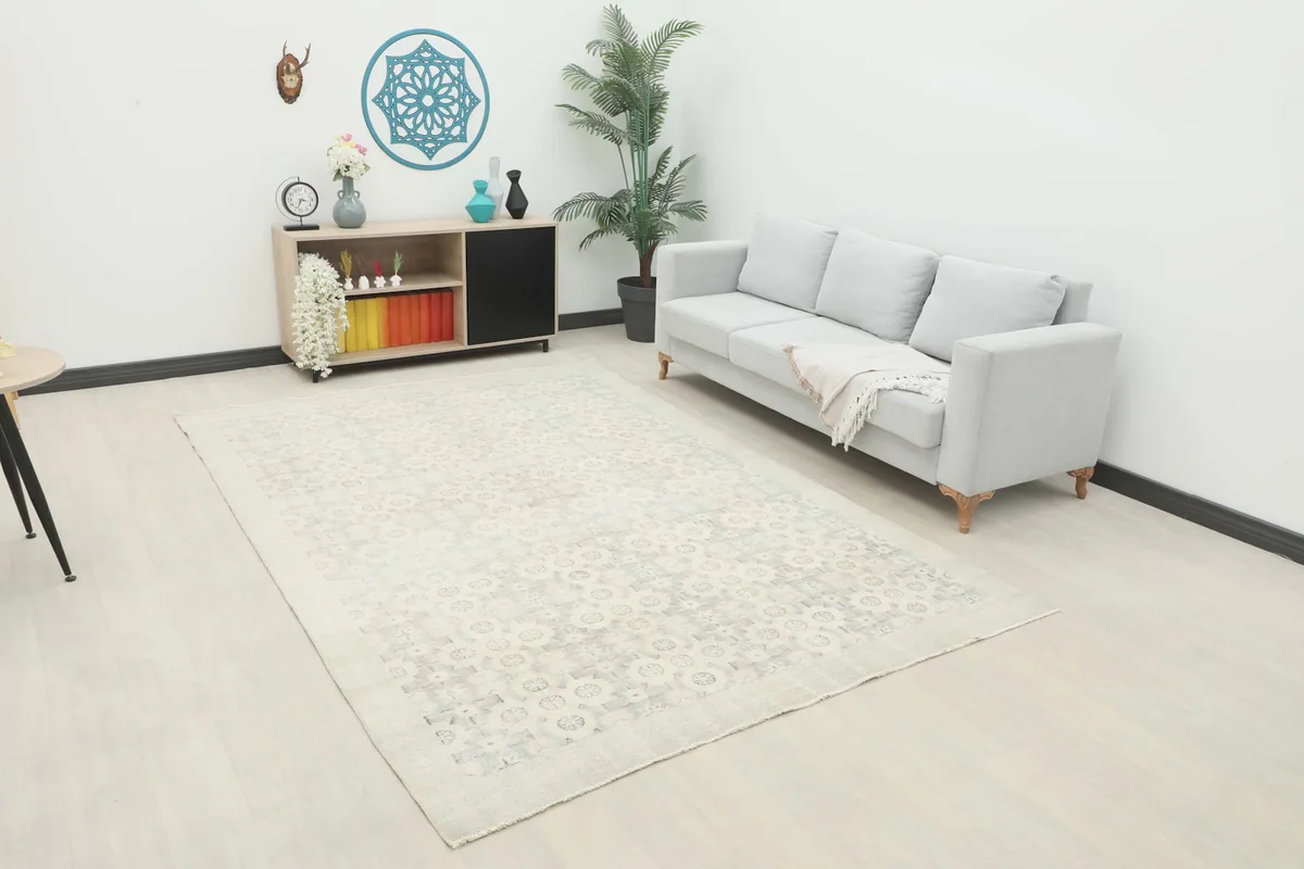 Cream and gray vintage area rug displayed in a bright living room setting with a light gray sofa.