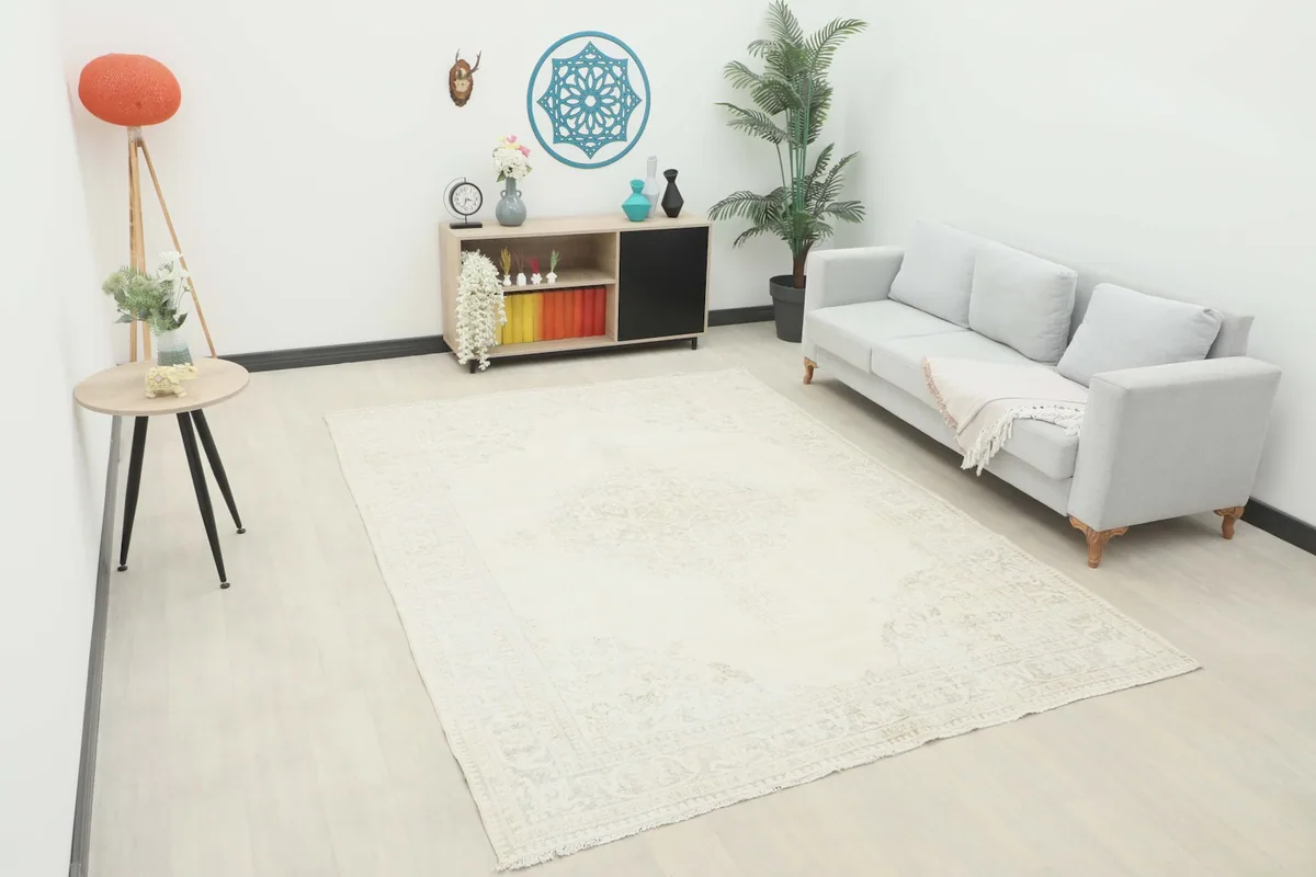 Ivory and gray rug placed in a modern living room setting with a light sofa