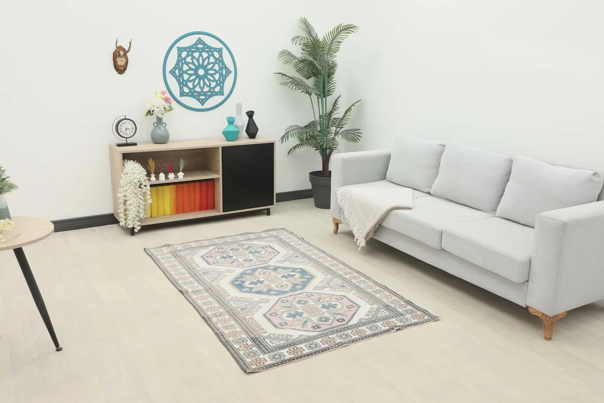 Anatolian rug in a modern living room setting with a light gray sofa and wooden cabinet