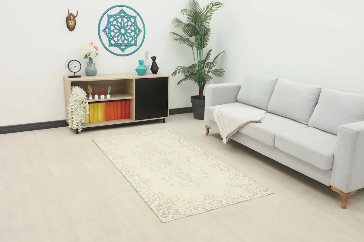 Cream vintage rug in a living room setting with a light gray sofa and modern decor