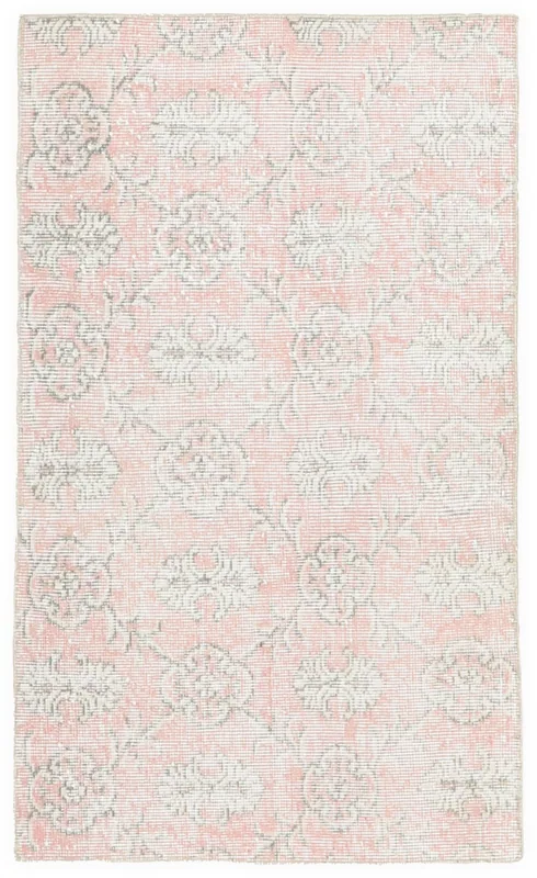 Full top view of the 2'4" x 4'1" pink floral vintage Anatolian rug on a white background.