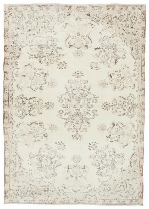 Full overhead view of the 7x10 ivory and rose Anatolian vintage rug