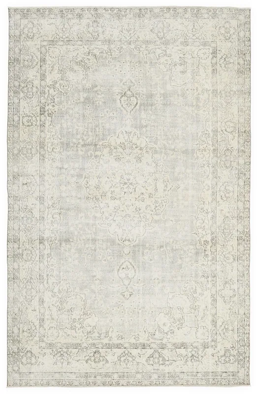 Full top view of the 7'9" x 11'7" cream and gray medallion vintage Anatolian rug on a white background.