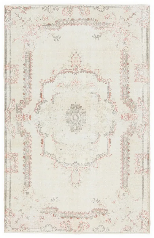 Full overhead view of the ivory and rose Anatolian vintage area rug