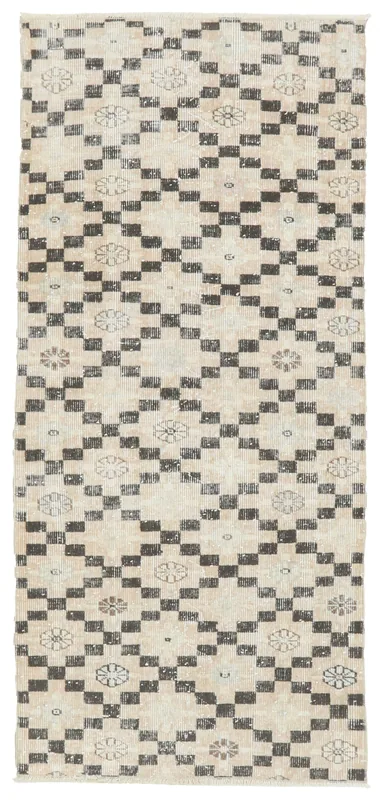 Full top view of the 2'10" x 6'5" ivory and charcoal geometric vintage Anatolian runner rug on a white background.
