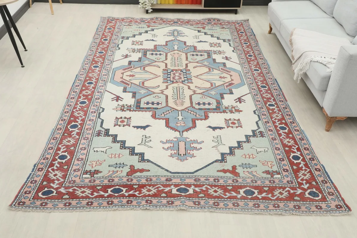 Full view of the vintage Anatolian rug in a spacious room, complementing the decor