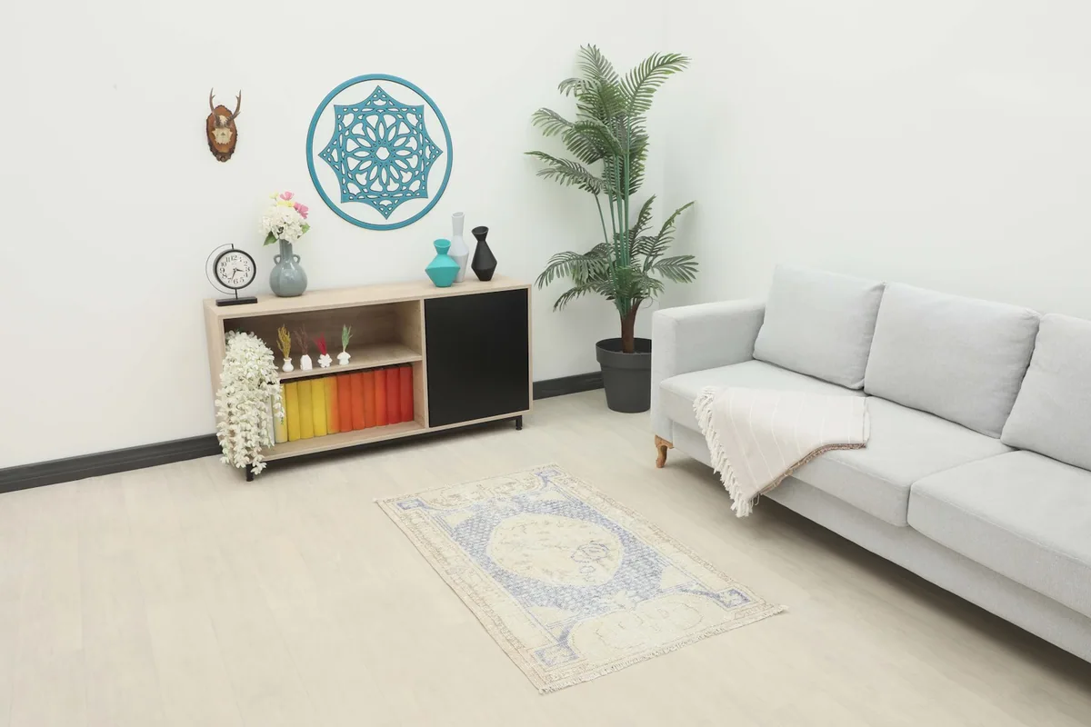 Area rug in a room setting with a sofa and cabinet, showcasing its size and colors