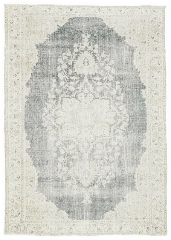 Full overhead view of the gray and ivory vintage Anatolian rug