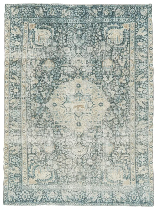 Full top view of the 7'3" x 10'7" vintage blue and cream Anatolian area rug