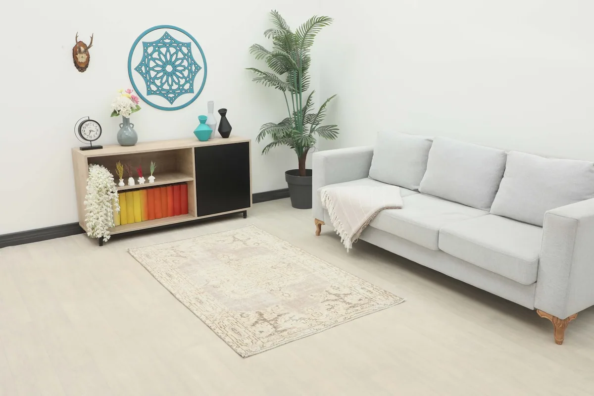 Vintage Anatolian rug displayed in a bright living room setup with a light gray sofa