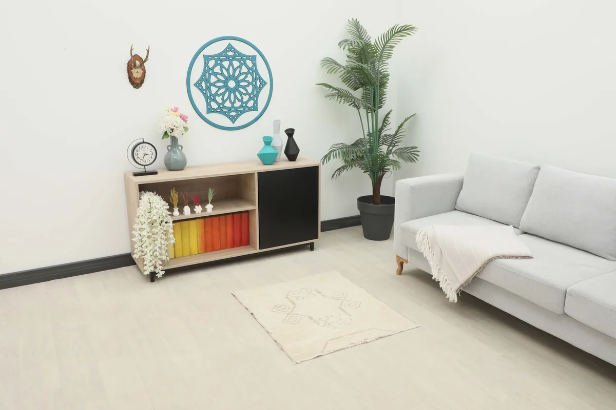 Ivory and tan geometric vintage rug styled in a modern living room setting