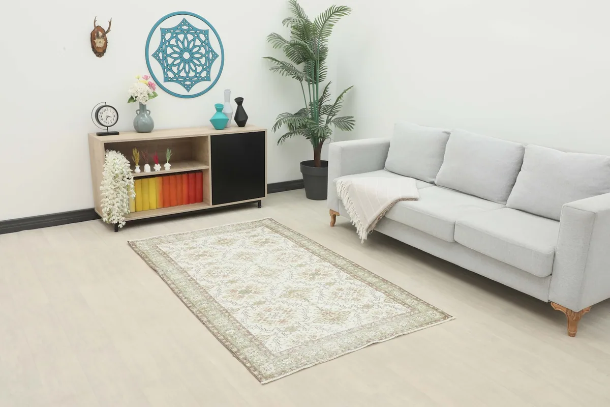 Small area rug displayed in a living room setting with a light gray sofa