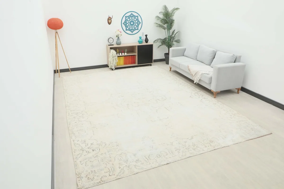 Oversized cream rug displayed in a bright room setting with a sofa and plant, showing scale.