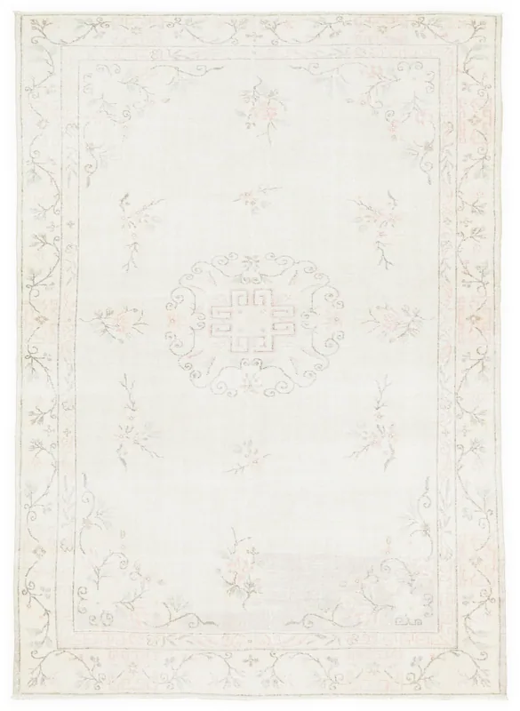 Full top view of the 6'3" x 9'3" ivory and rose vintage Anatolian rug on a white background.