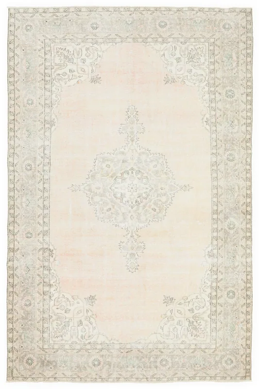 Full overhead view of the rose and gray Anatolian vintage area rug