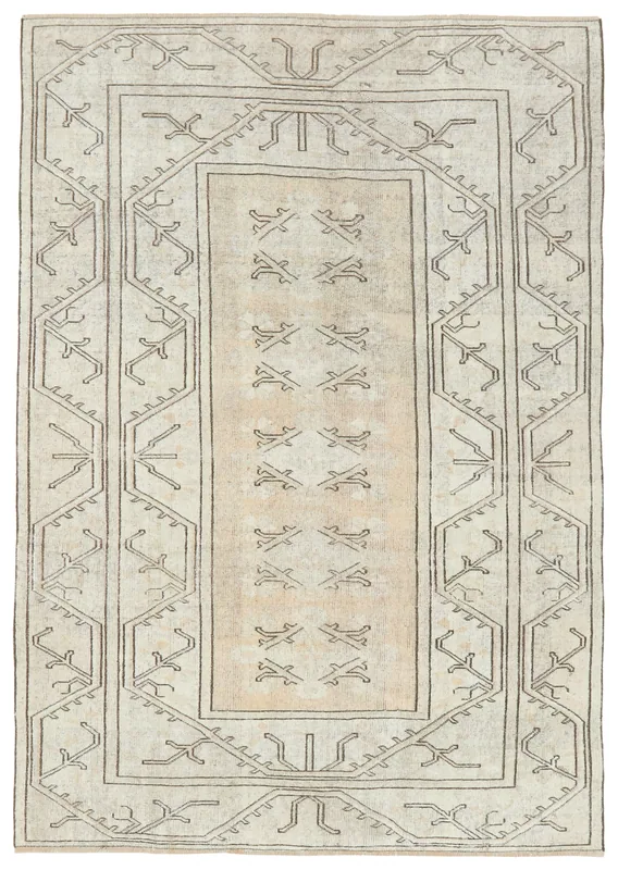 Full top view of the beige and charcoal hand-knotted vintage Anatolian area rug