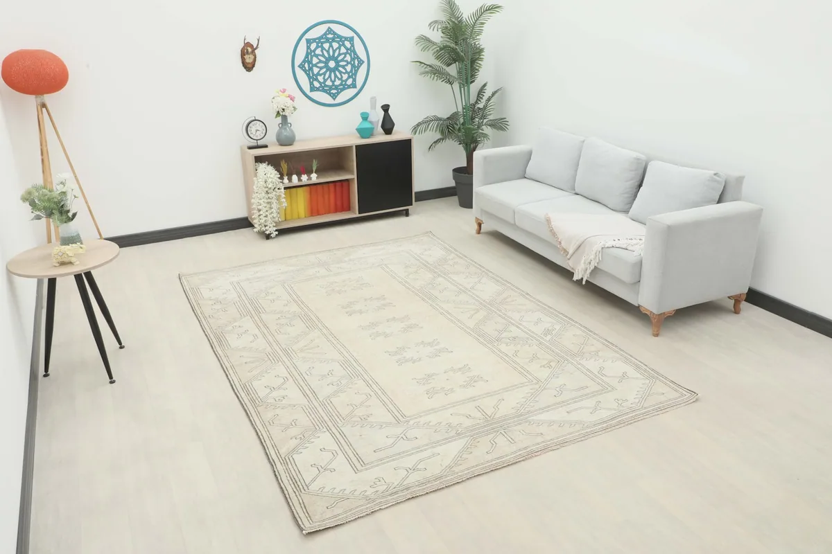 Vintage Anatolian rug displayed in a modern living room setting with a light gray sofa and minimalist decor.
