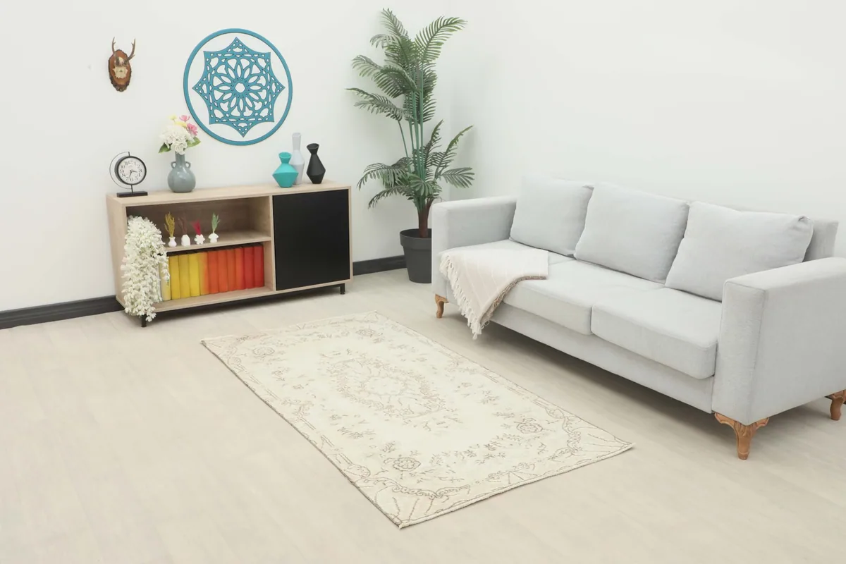 Ivory Anatolian rug placed in a living room setting with a light gray sofa and modern decor