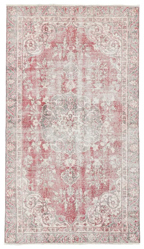Full overhead view of the 3'5" x 6'3" vintage red and gray Anatolian rug with medallion pattern