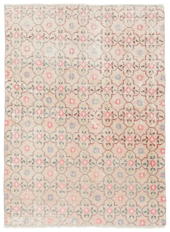 Full top view of the 4x6 beige floral geometric vintage Anatolian rug on a white background.