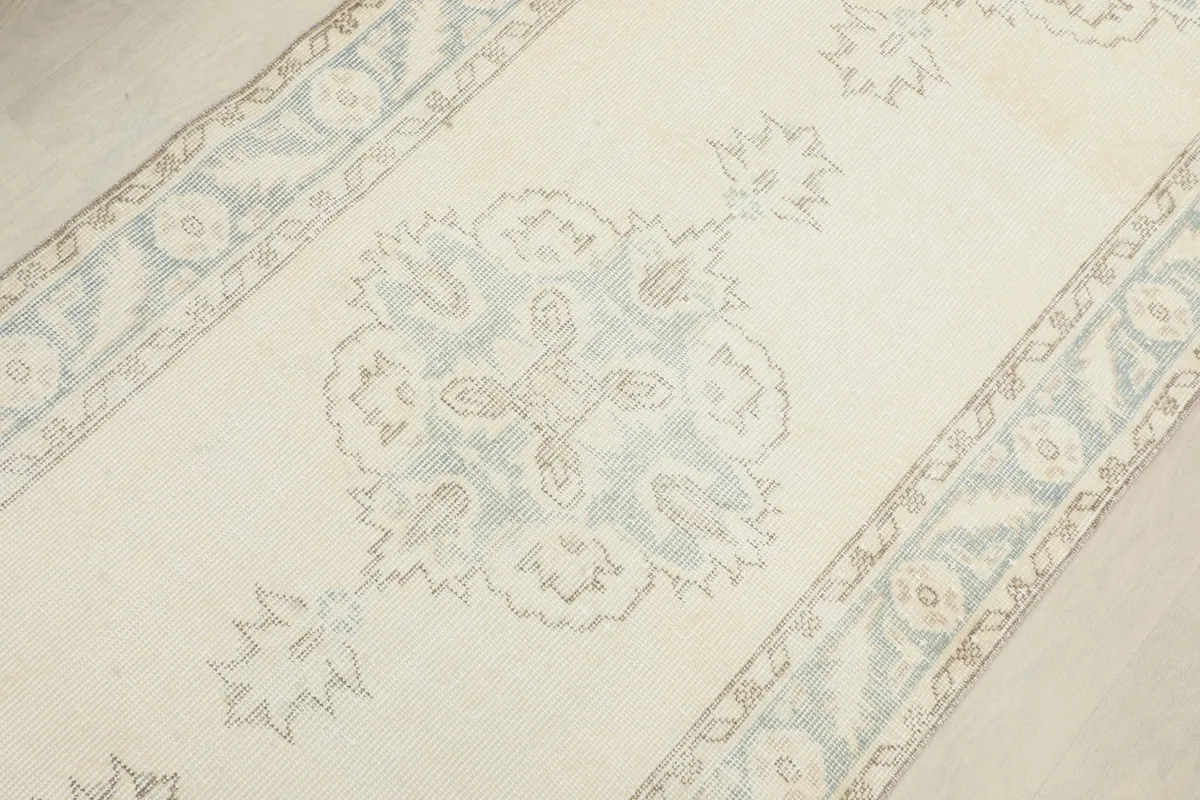 Overhead shot focusing on a central medallion and surrounding border details of the runner.