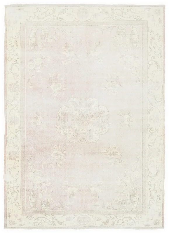 Full overhead view of a 7'0" x 12'10" vintage rose Anatolian area rug with a central medallion and floral patterns.